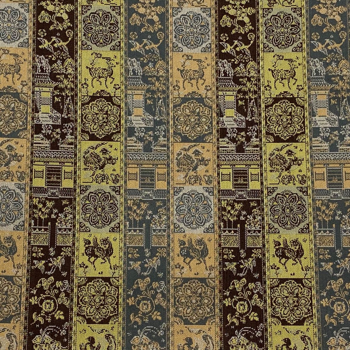 開き名古屋帯 龍村美術織物 証紙 比翼仕立て 縞 華文 金通し 青灰色 正絹