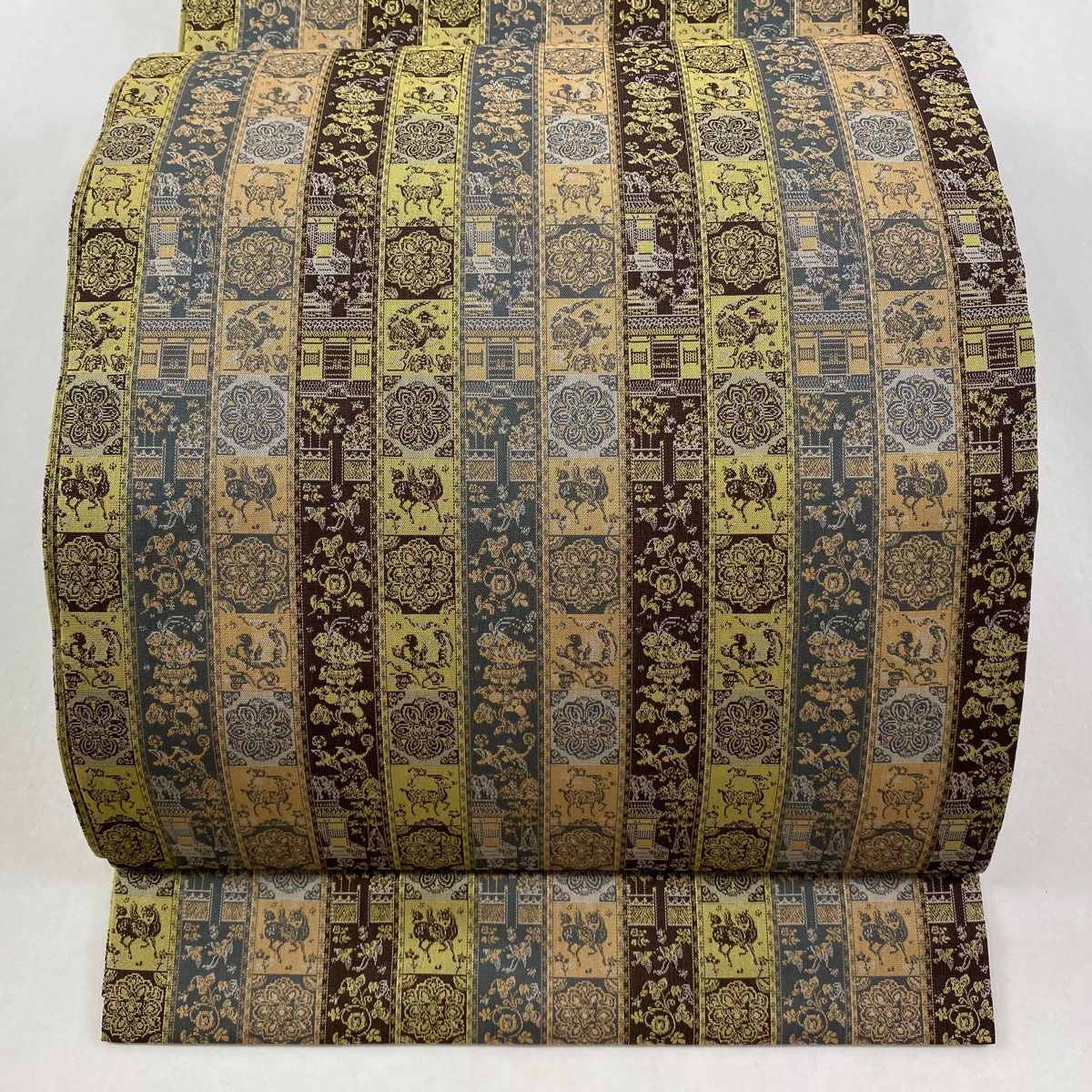 開き名古屋帯 龍村美術織物 証紙 比翼仕立て 縞 華文 金通し 青灰色 正絹