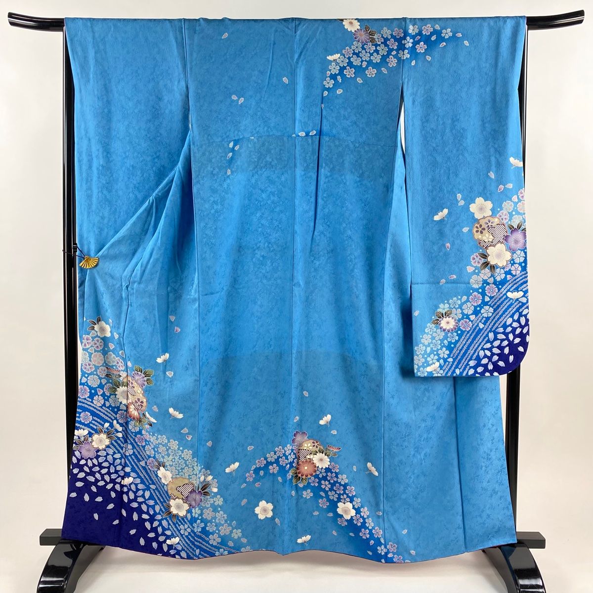 振袖 身丈161cm 裄丈66cm M 袷 菊 桜 染め分け ぼかし 水色 正絹 名品