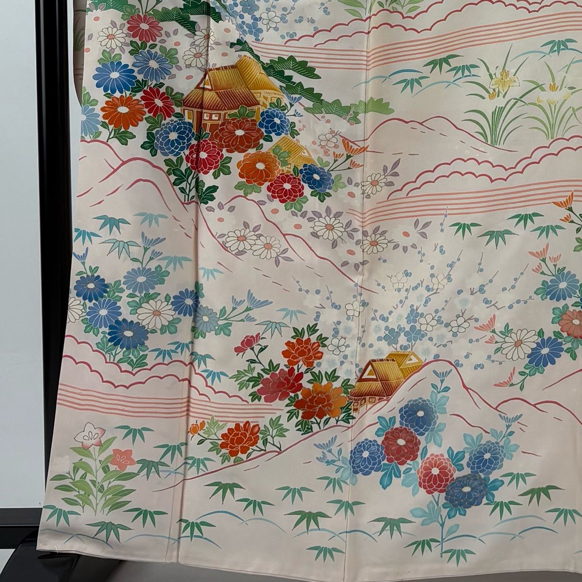 振袖 身丈164 cm 裄丈65 M 袷 家屋 菊 金糸 金彩 薄ピンク 正絹