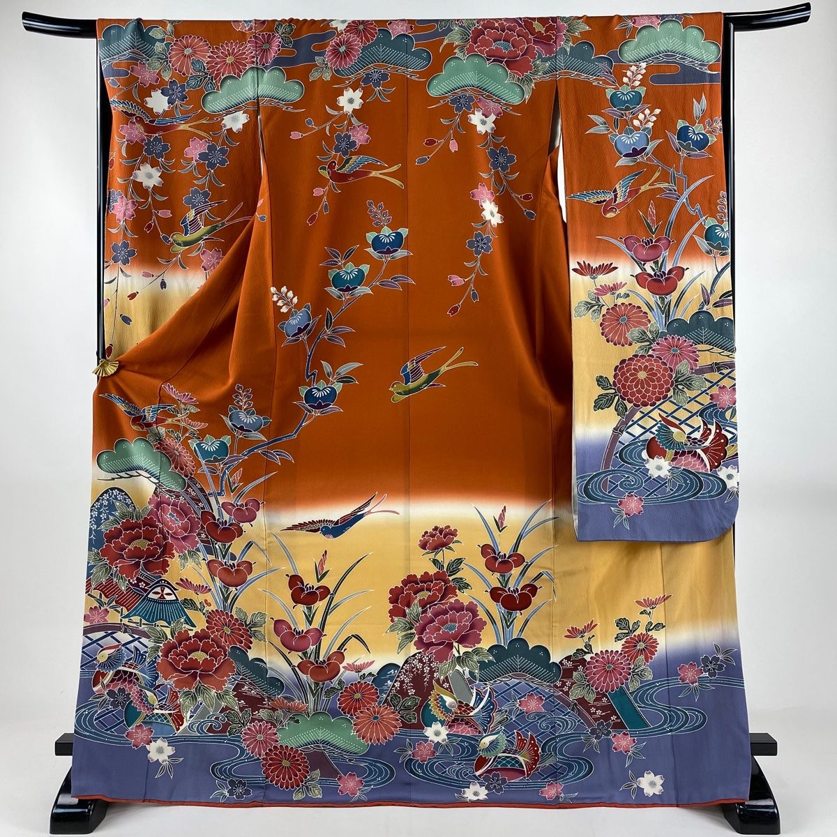 振袖 身丈173 5 cm 裄丈66 M 袷 牡丹 鴛鴦 染め分け ぼかし 赤茶 正絹