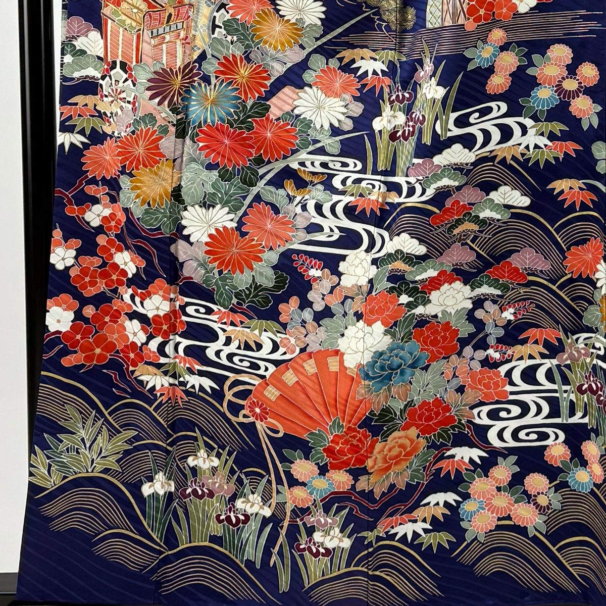 振袖 身丈161 5 cm 裄丈63 S 袷 御所車 松竹梅 金糸 金彩 紺色 正絹