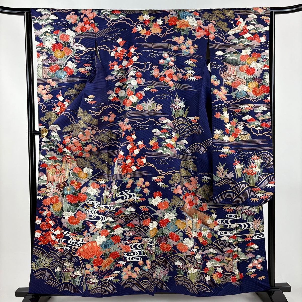 振袖 身丈161.5 cm 裄丈63.5 S 袷 御所車 松竹梅 金糸 金彩 紺色 正絹