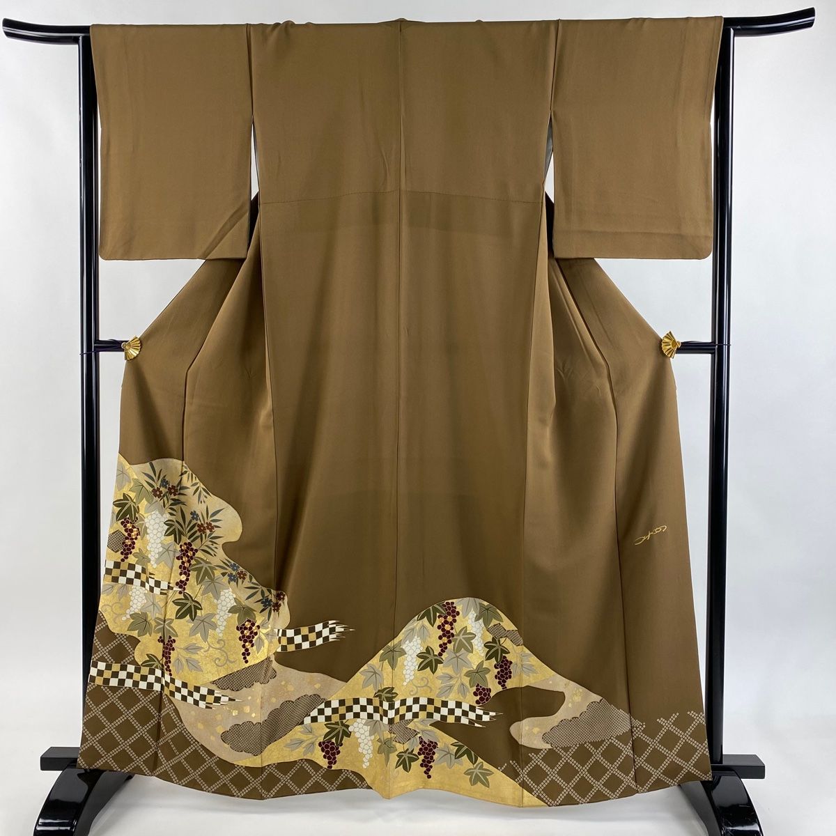 色留袖 身丈163 cm 裄丈65 M 袷 コシノヒロコ 落款 葡萄 草花 金糸 金彩 茶色 正絹