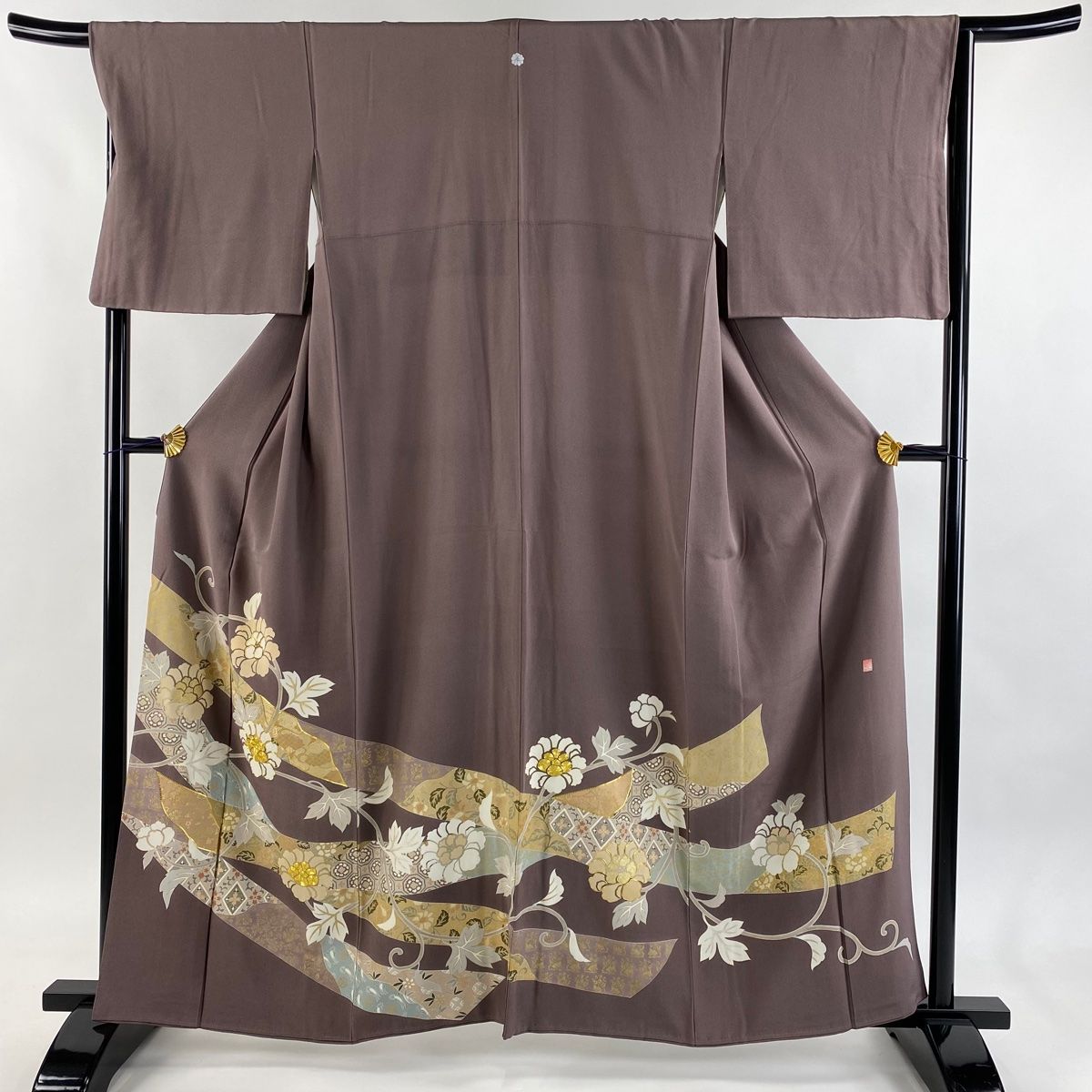 色留袖 身丈160 cm 裄丈67 M 袷 落款 花唐草 菱 金糸 金銀彩 茶紫 正絹 一つ紋
