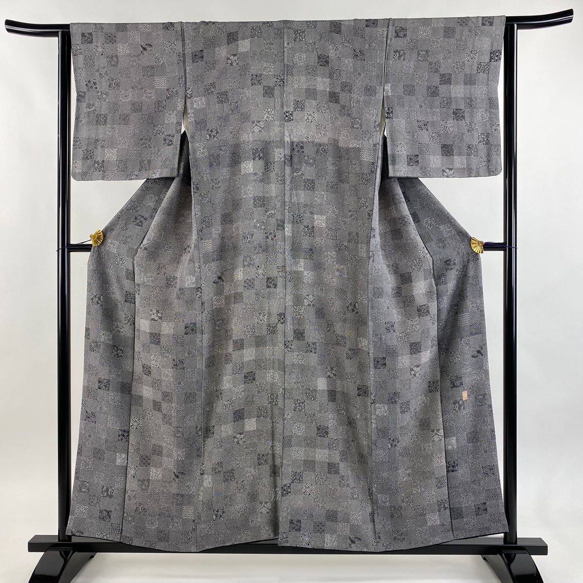 江戸小紋 身丈156.5 cm 裄丈62.5 S 袷 落款 変わり市松 寄せ柄 黒灰 正絹