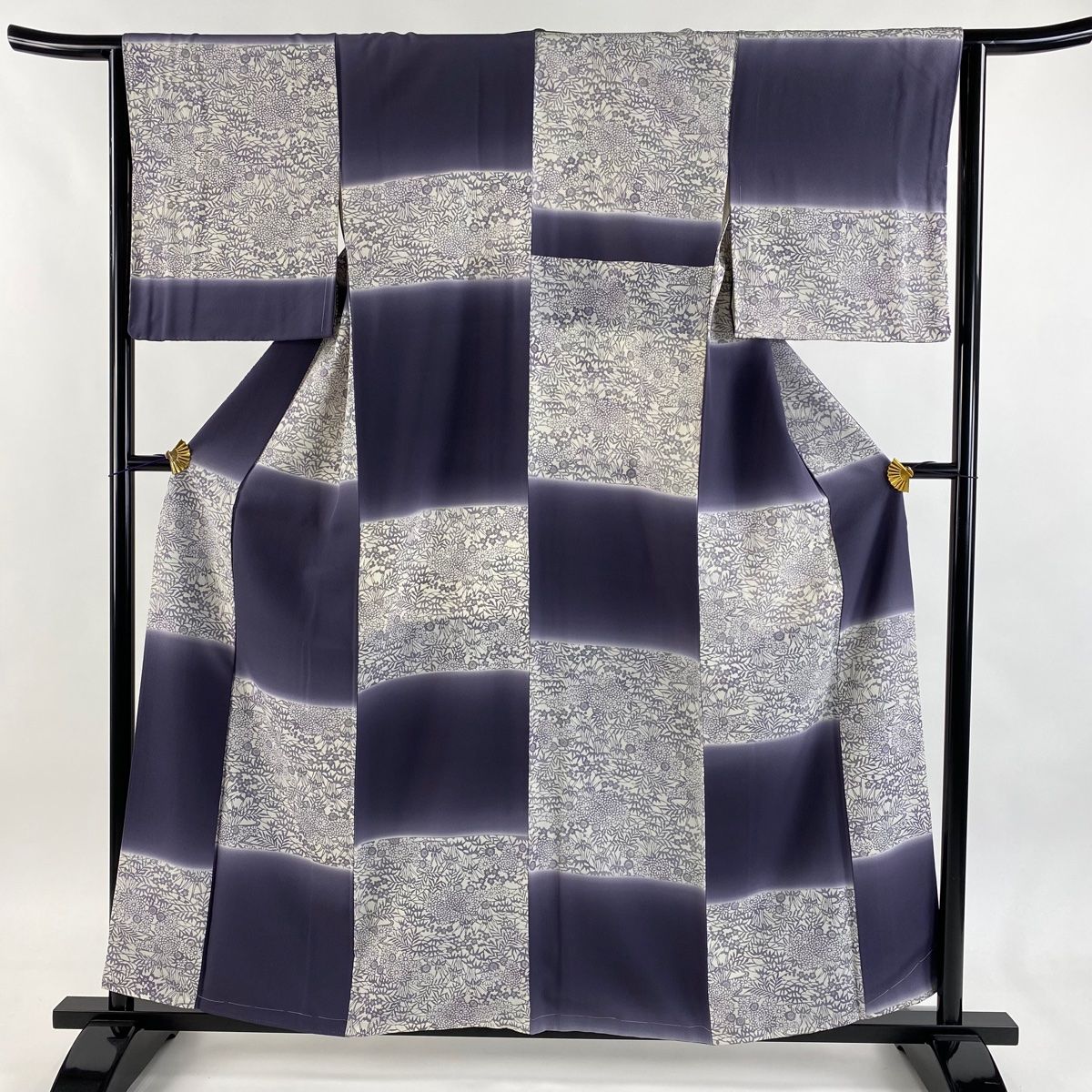 小紋 身丈159 cm 裄丈63.5 S 袷 市松 草花 ぼかし 灰紫 正絹