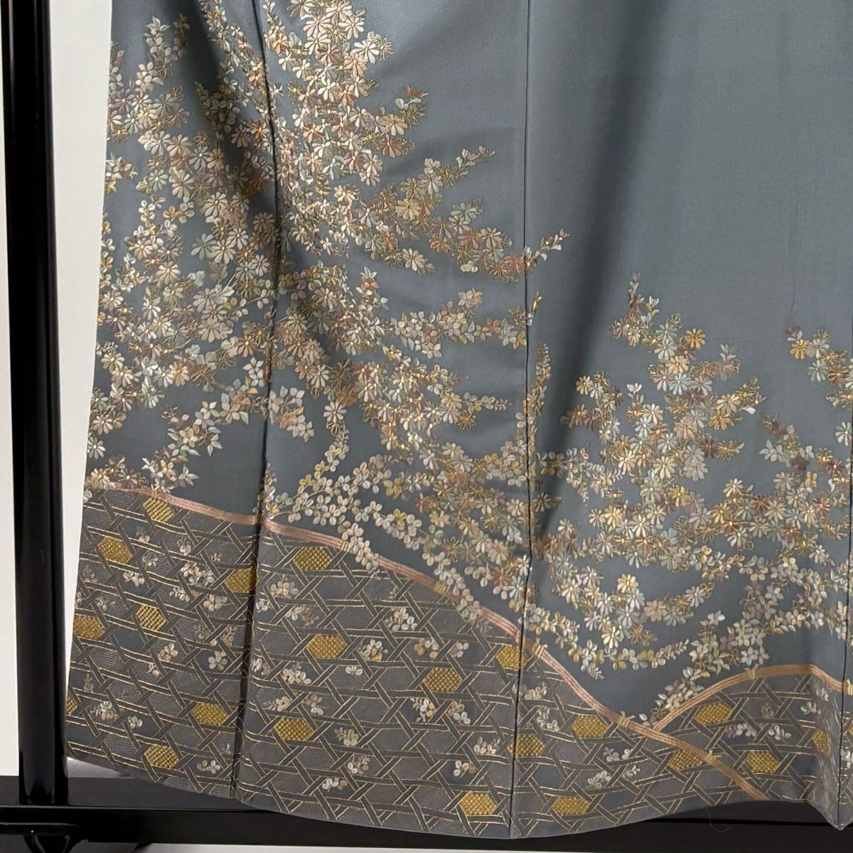 訪問着 身丈156.5cm 裄丈63.5cm S 袷 菊 籠目 金糸 刺繍 青灰色 正絹