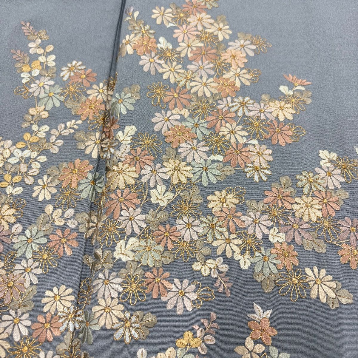 訪問着 身丈156.5cm 裄丈63.5cm S 袷 菊 籠目 金糸 刺繍 青灰色 正絹