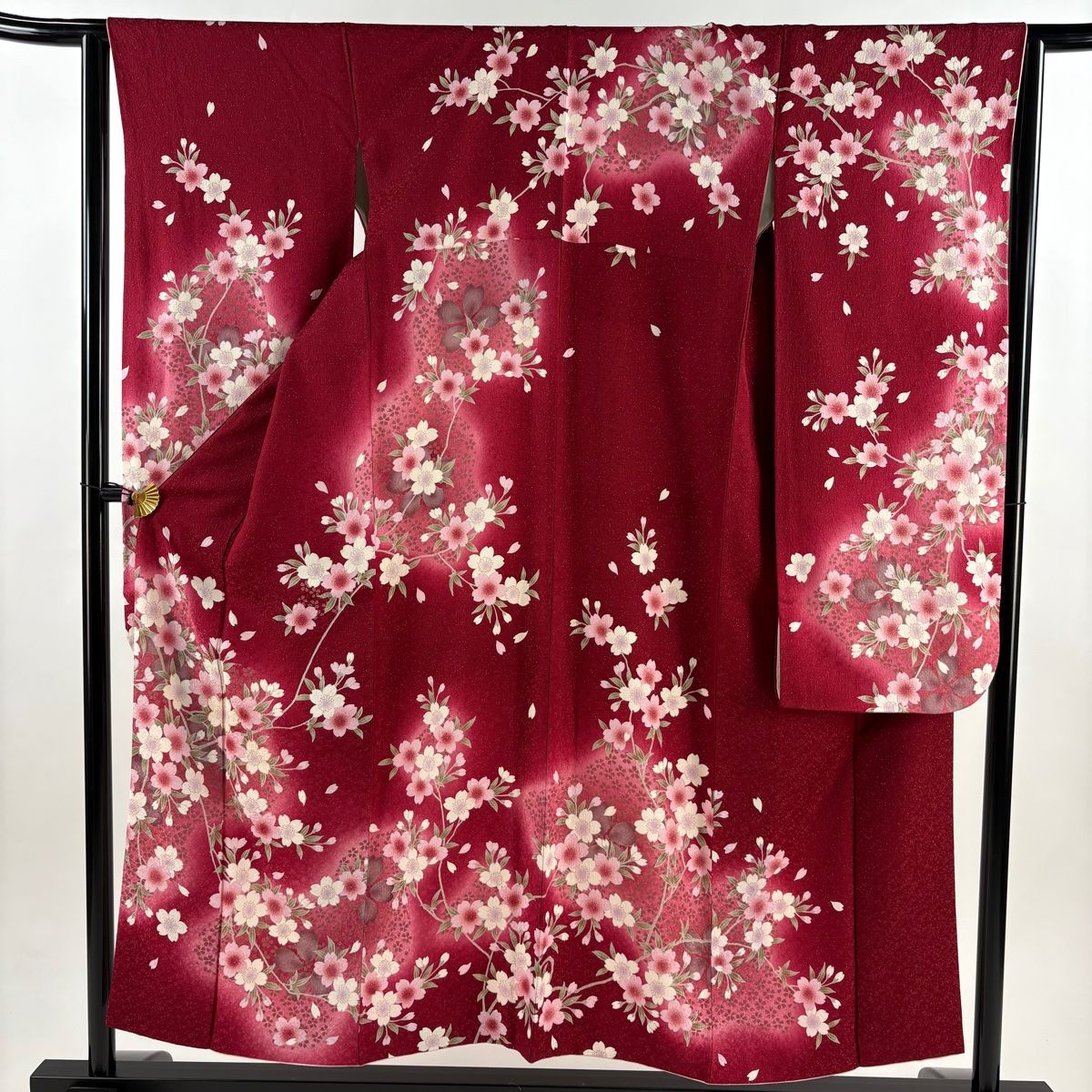 振袖 身丈153 cm 裄丈64.5 M 袷 枝垂れ桜 花びら 銀通し ぼかし 赤 正絹