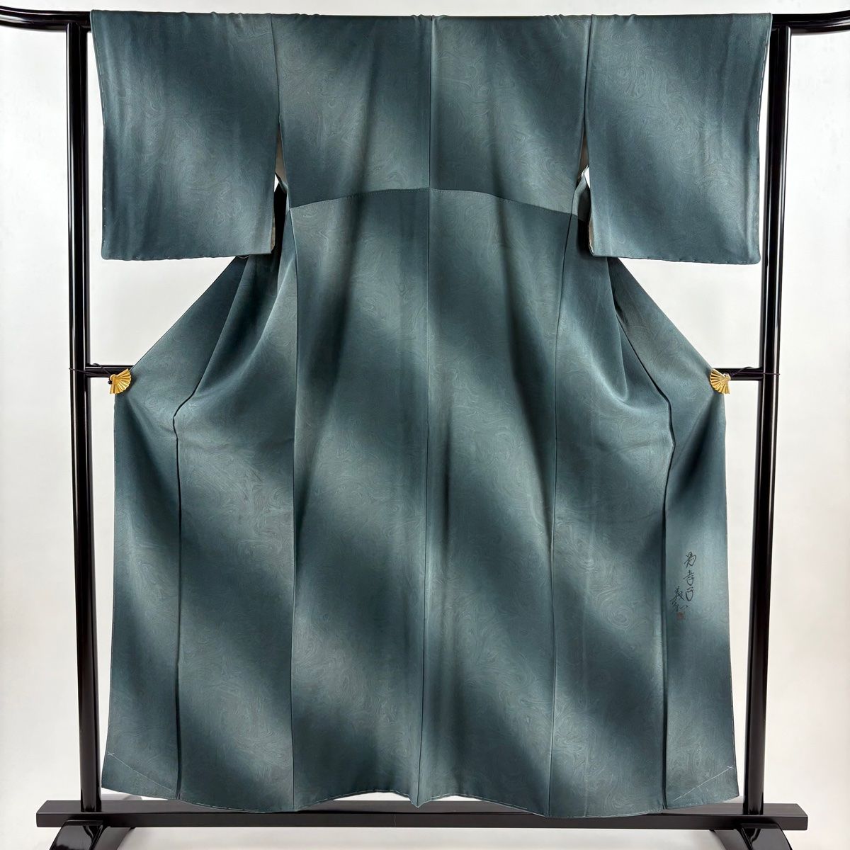 小紋 身丈157 cm 裄丈63 S 袷 落款 墨流し ぼかし 深緑 正絹