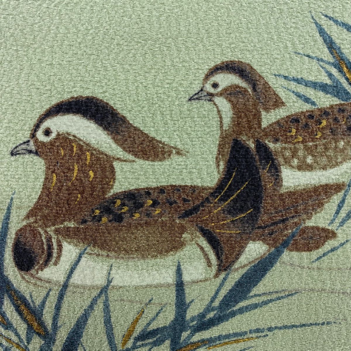 名古屋帯 落款 山科春宣 鴛鴦 葉柄 金彩 薄緑 正絹