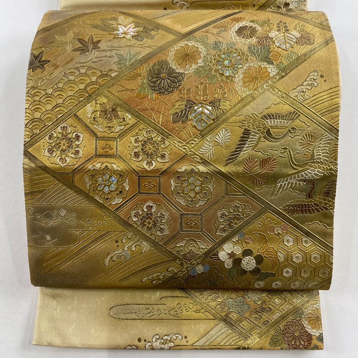 【セツコ】楓・もみじ柄 螺鈿 真珠 本金箔 袋帯 作家もの 京袋帯 吹き寄せ からし 黄色 紅葉 桜 松葉 笹 花 伝統文様 JAPAN MODE