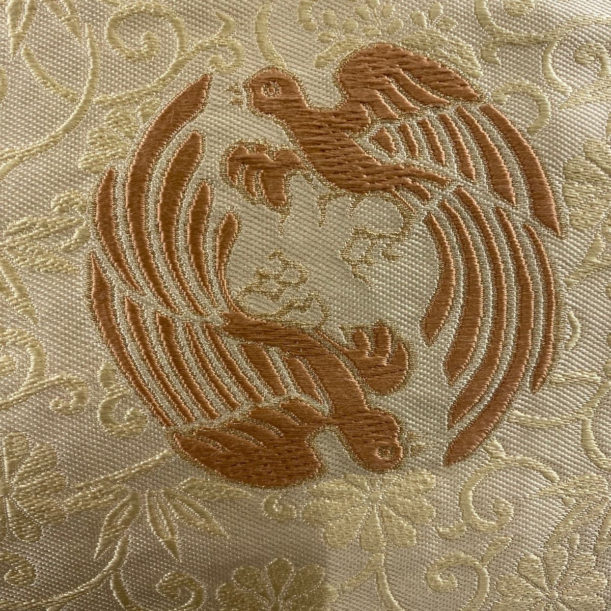 名古屋帯 関西仕立て 向かい鳥 花唐草 金糸 ベージュ 正絹