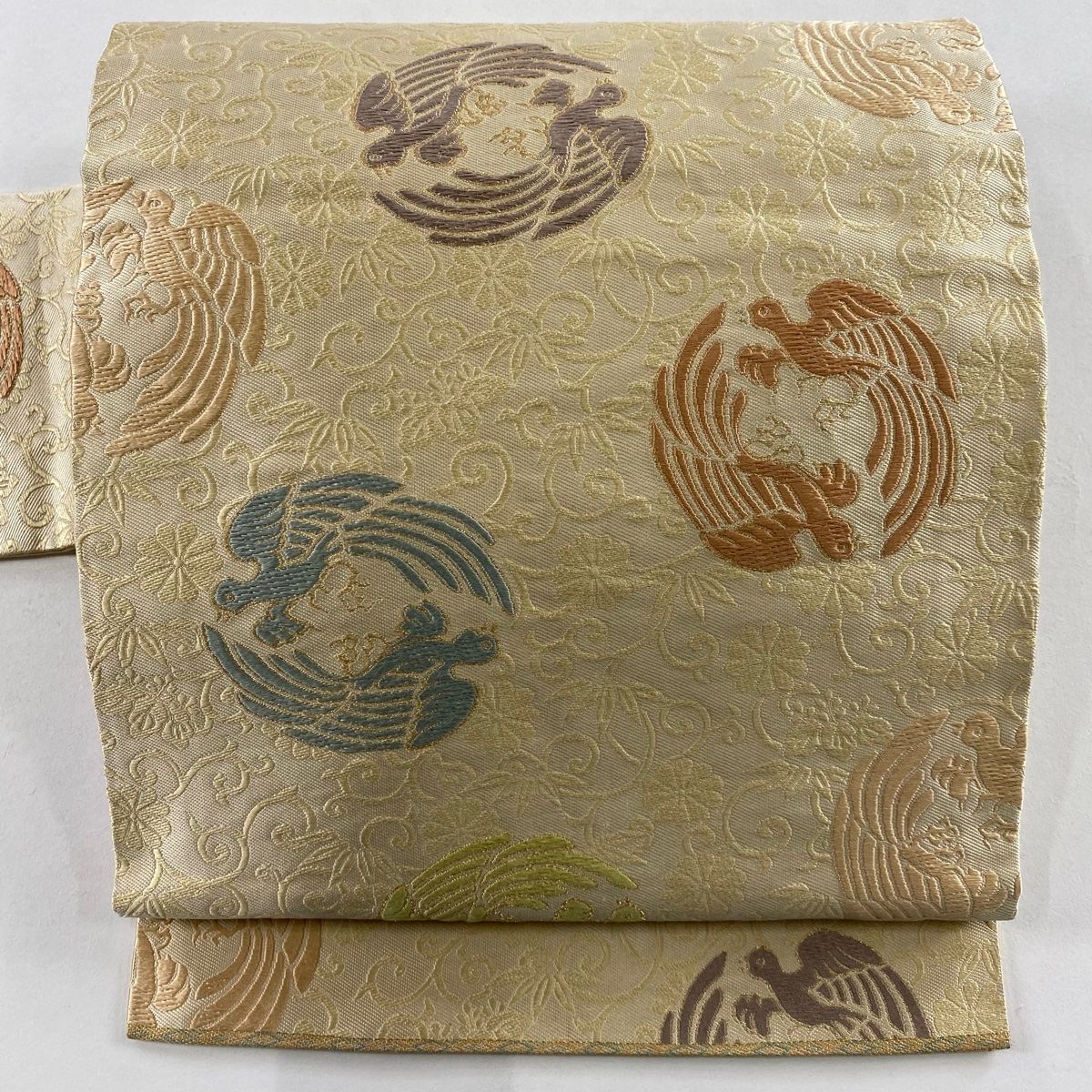 名古屋帯 関西仕立て 向かい鳥 花唐草 金糸 ベージュ 正絹