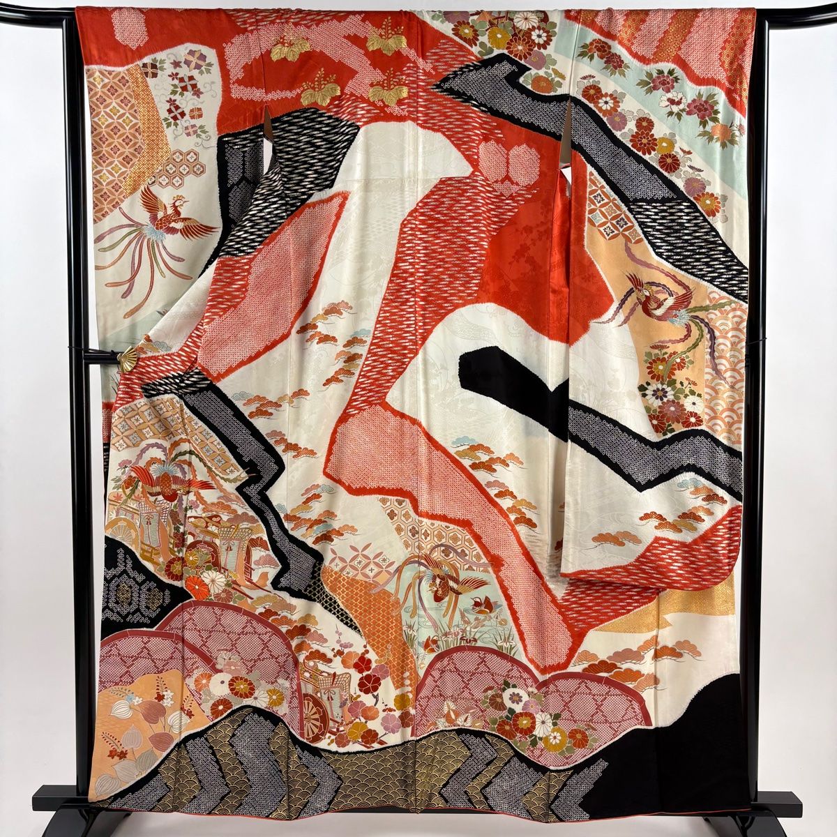 振袖 身丈159 5 cm 裄丈65 M 袷 御所車 鳳凰 金糸 絞り クリーム 正絹 秀品