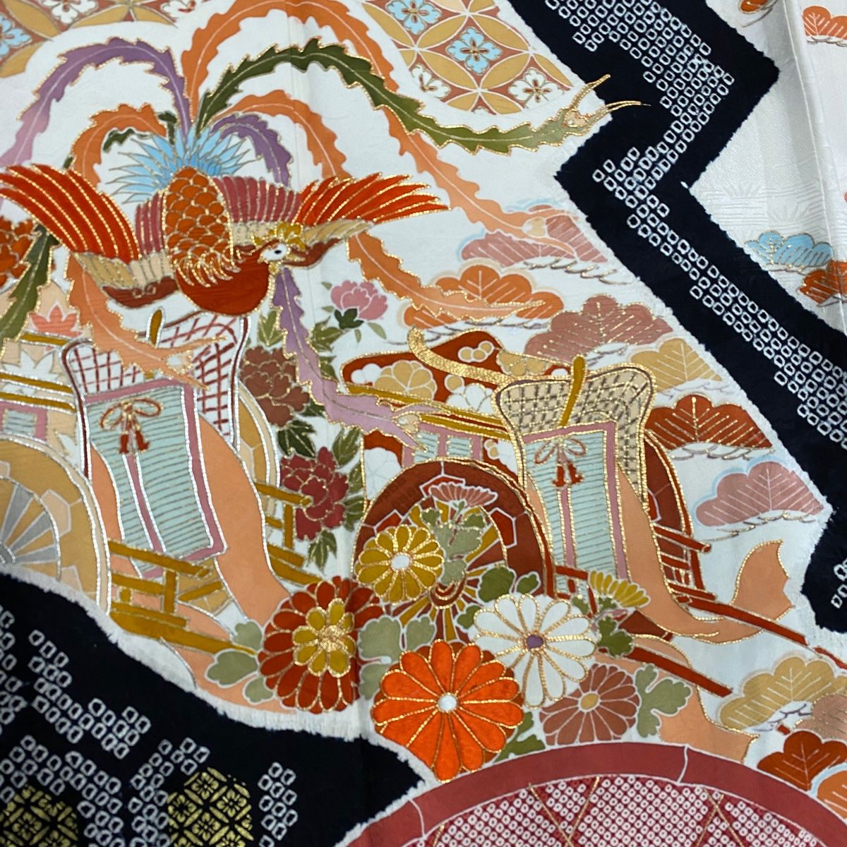  振袖 身丈159 5 cm 裄丈65 M 袷 御所車 鳳凰 金糸 絞り クリーム 正絹 秀品 振袖 着物