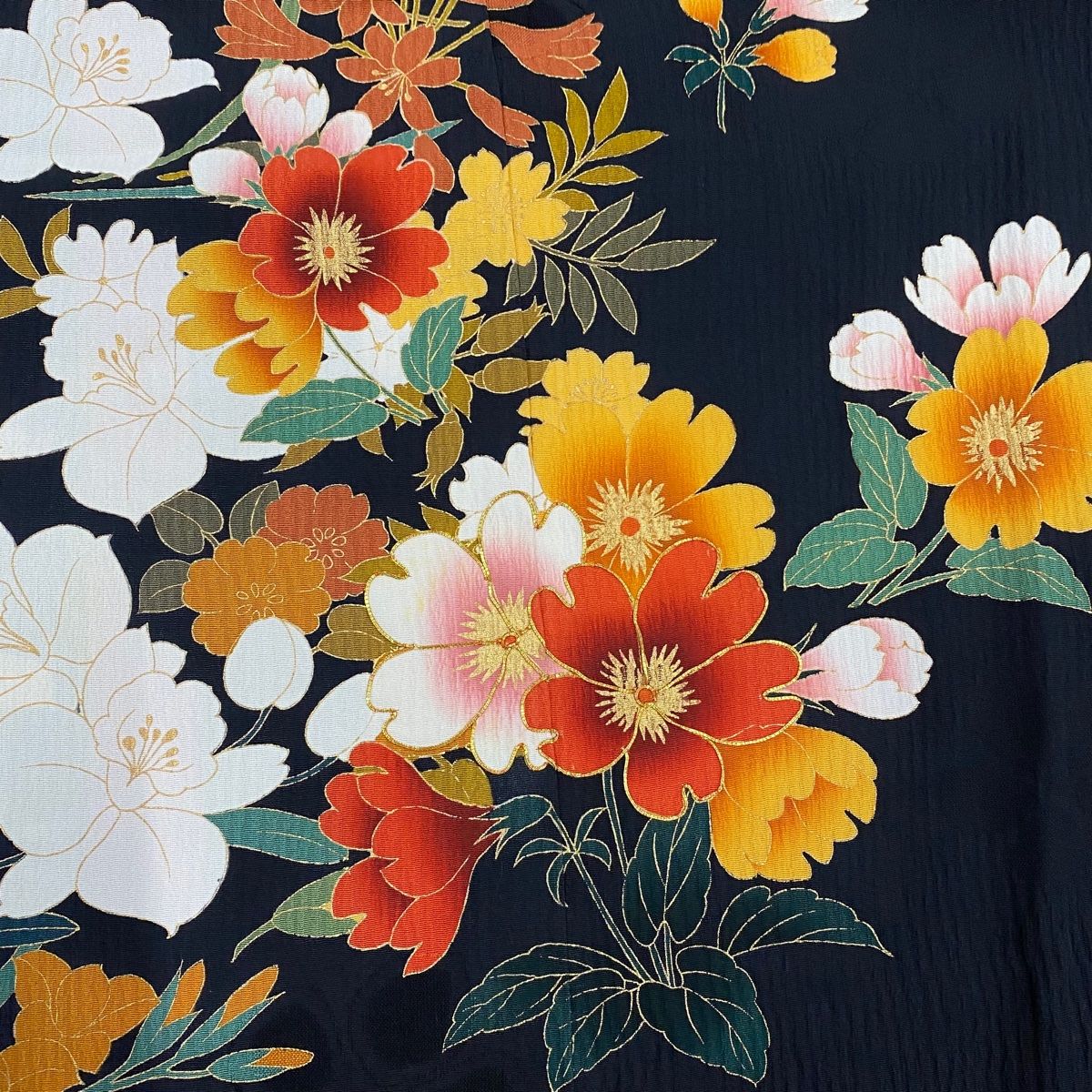  振袖 身丈155 cm 裄丈65 M 袷 草花 地紋 金糸 金彩 黒 正絹 秀品 振袖 着物