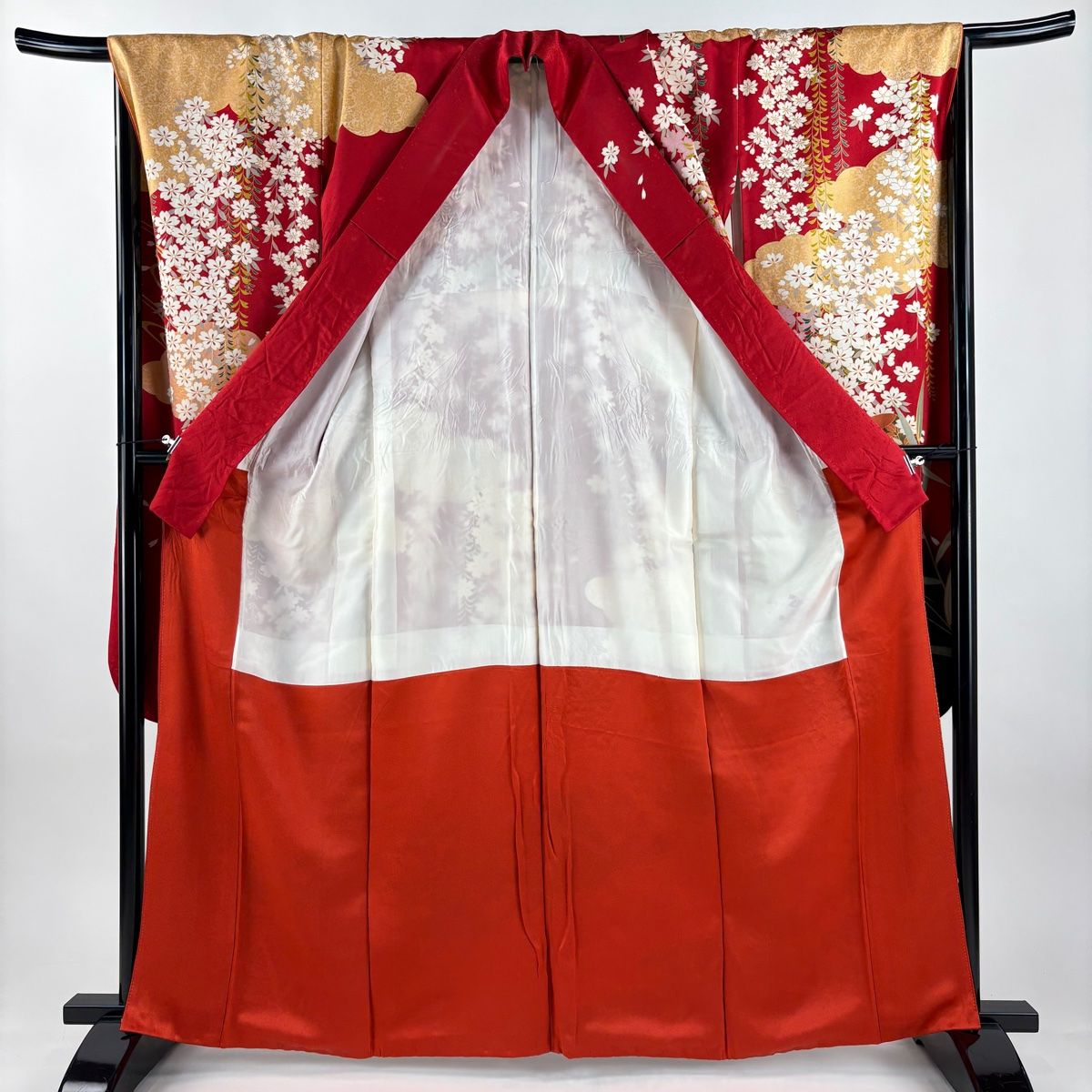  振袖 身丈163 cm 裄丈68 5 L 袷 枝垂れ桜 槌車 金糸 金彩 赤 正絹 秀品 振袖 着物