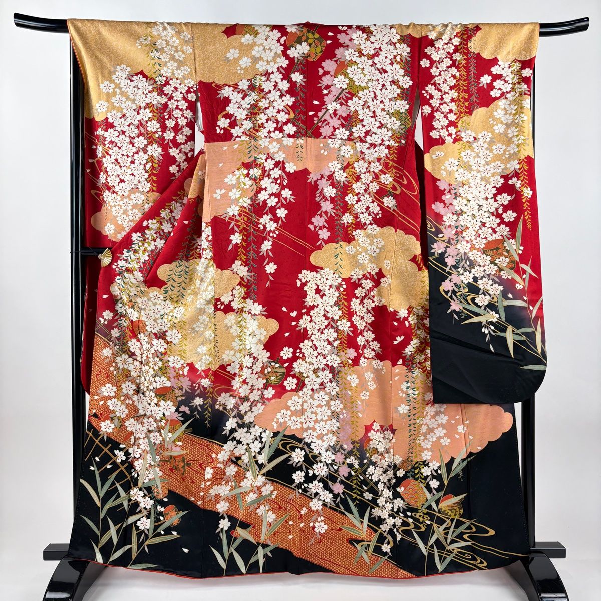 振袖 身丈163 cm 裄丈68.5 L 袷 枝垂れ桜 槌車 金糸 金彩 赤 正絹 秀品
