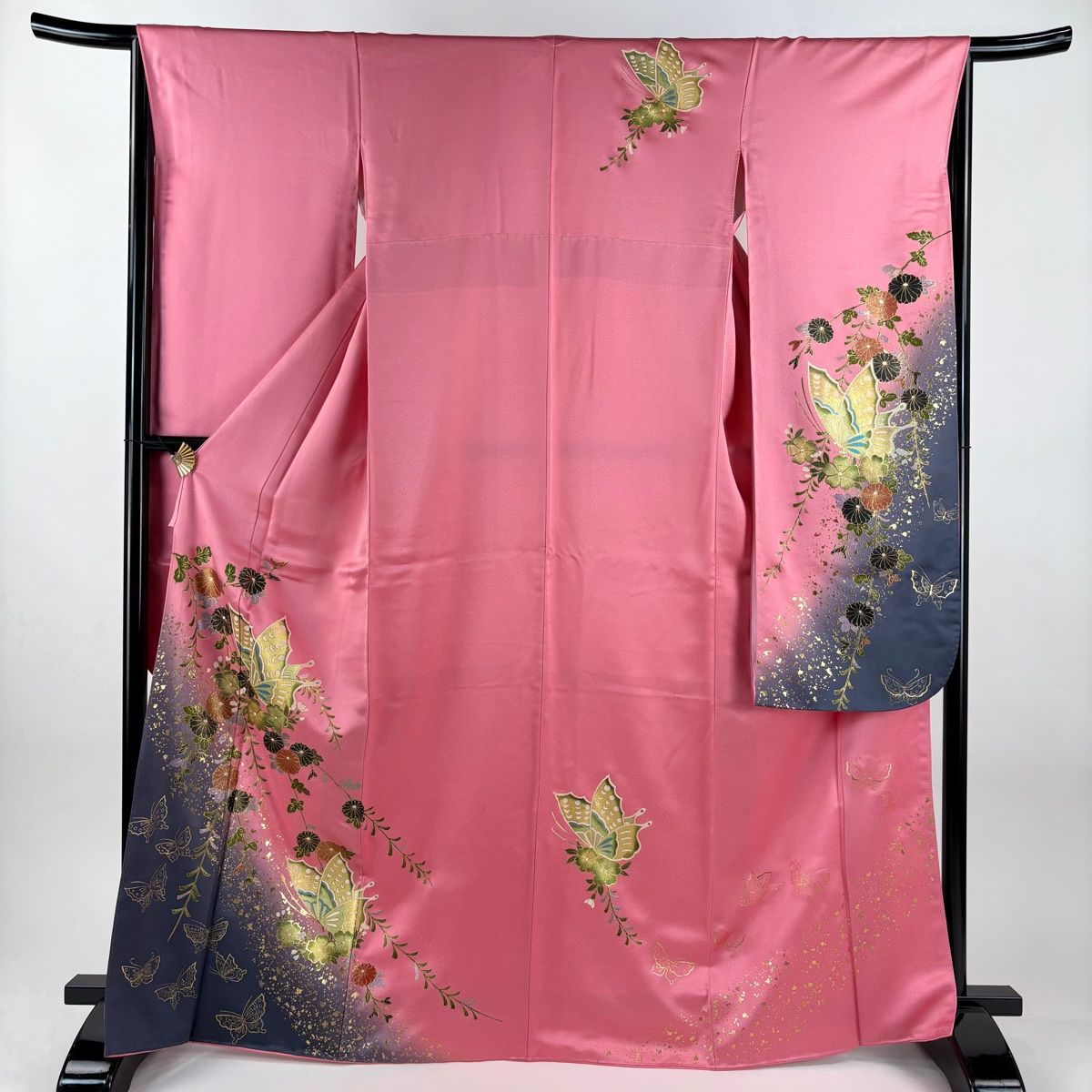 振袖 身丈167 cm 裄丈66 M 袷 蝶 菊 金彩 染め分け ピンク 正絹 秀品