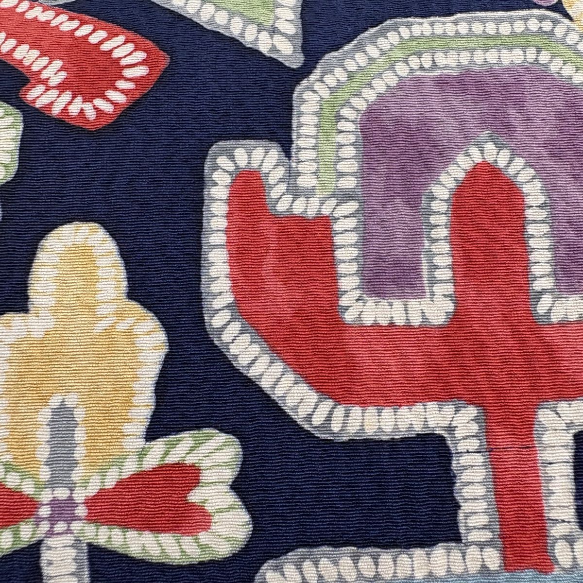 名古屋帯 秀品 花 幾何学模様 縮緬 紺色 正絹