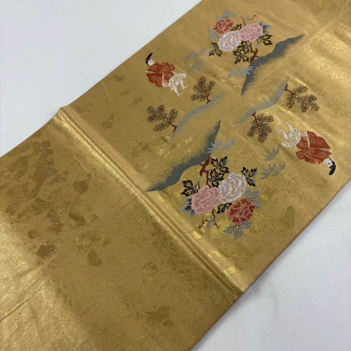 美品】 袋帯 秀品 長嶋成織物 落款 瀞金錦 関西仕立て 人物 草花 箔
