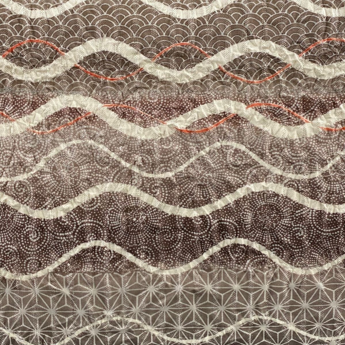 開き名古屋帯 秀品 落款 よろけ縞 麻の葉 絞り 茶紫 正絹