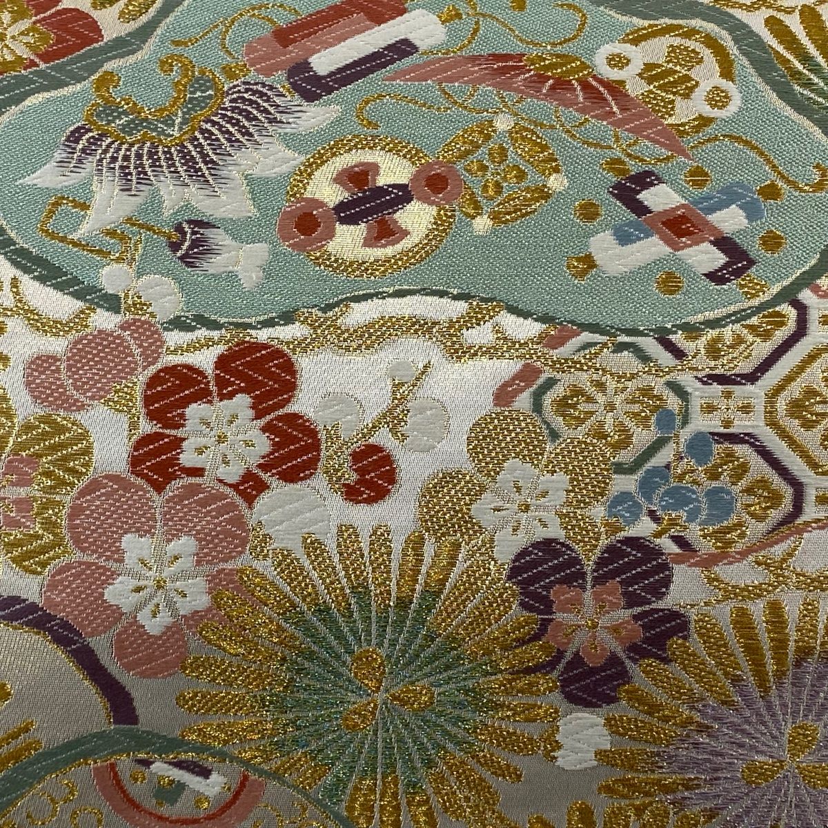 【最終お値下げ】袋帯　正絹　山下織物　唐織　宝尽くし小袖　松竹梅　六通柄　金糸 最終お値下げ】袋帯 正絹 山下織物 唐織 宝尽くし小袖 松竹梅 六通柄