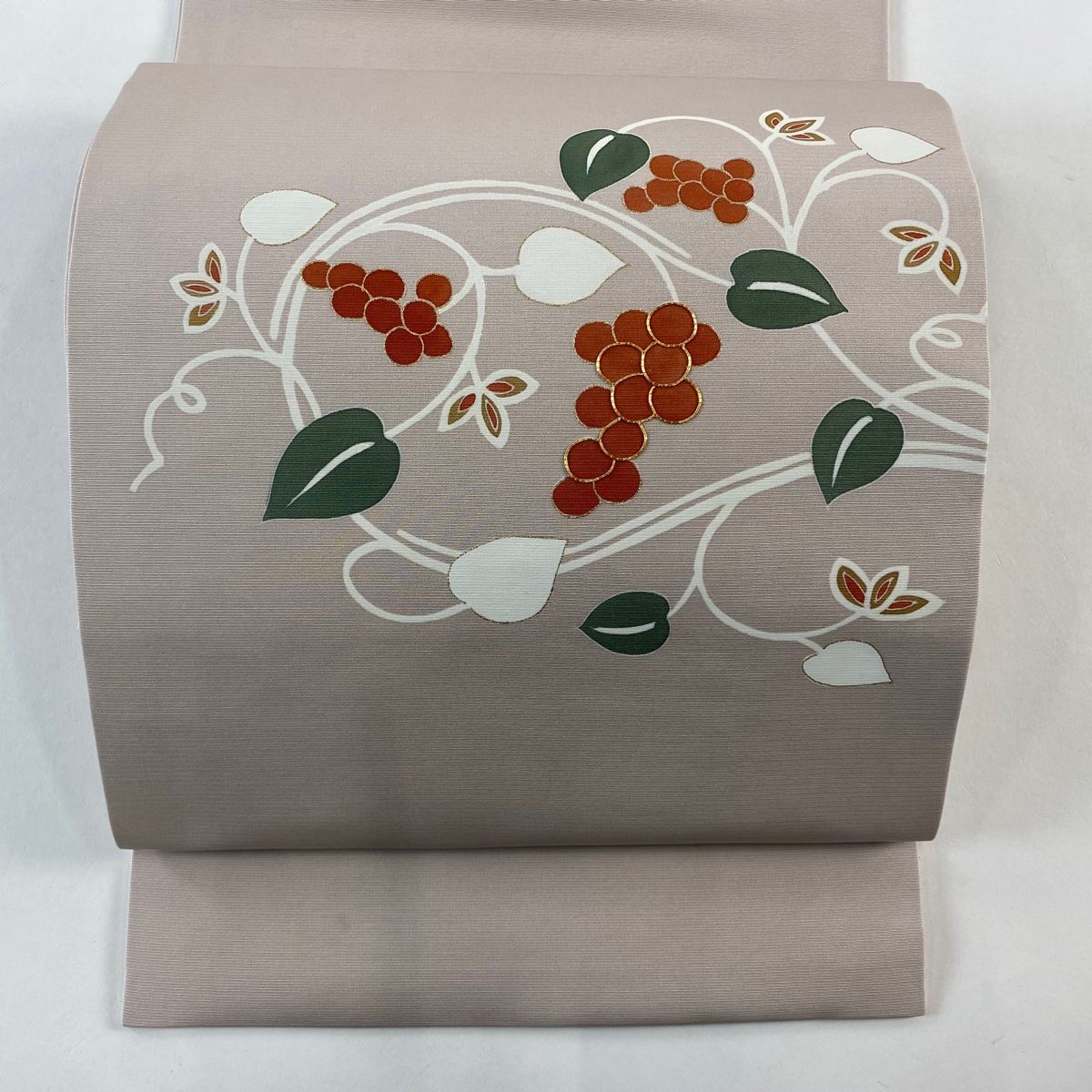 名古屋帯 秀品 松葉仕立て 葉と実 金糸 金彩 薄小豆 正絹