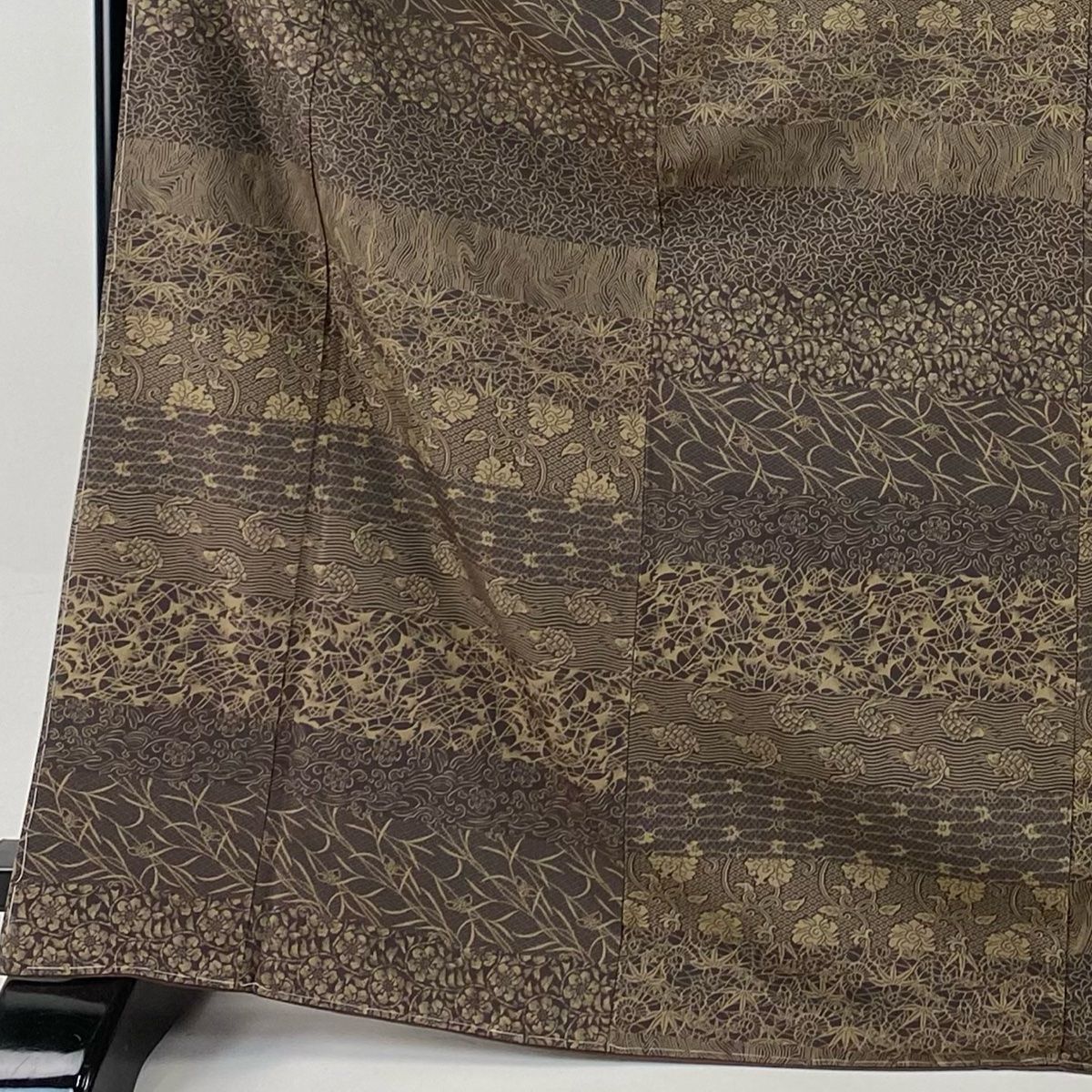 お召 身丈172 cm 裄丈68 L 袷 背抜き 段縞 寄せ柄 茶紫 正絹