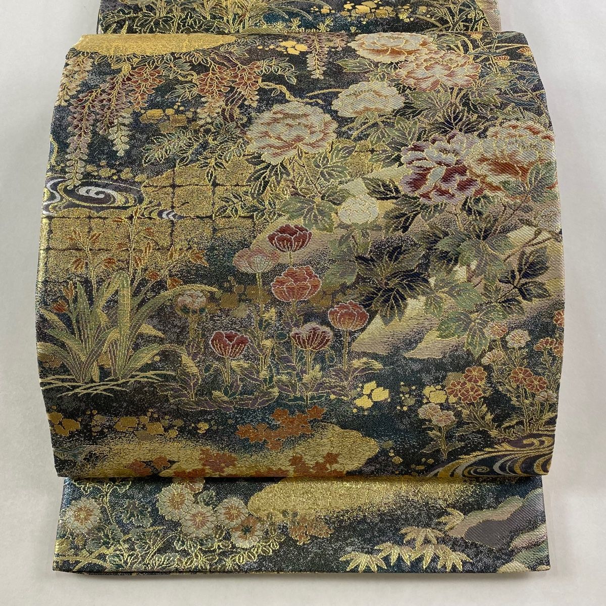 丸帯 草花 雲文 箔 金糸 深緑 お太鼓柄 正絹