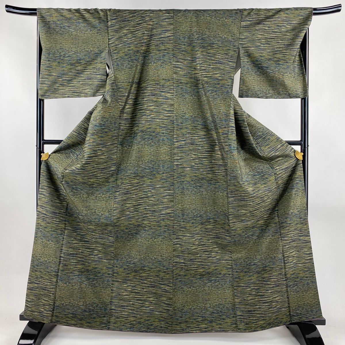 大島紬 身丈164 5 cm 裄丈68 L 袷 都喜ヱ門 泥染 証紙 幾何学 茶緑色 正絹