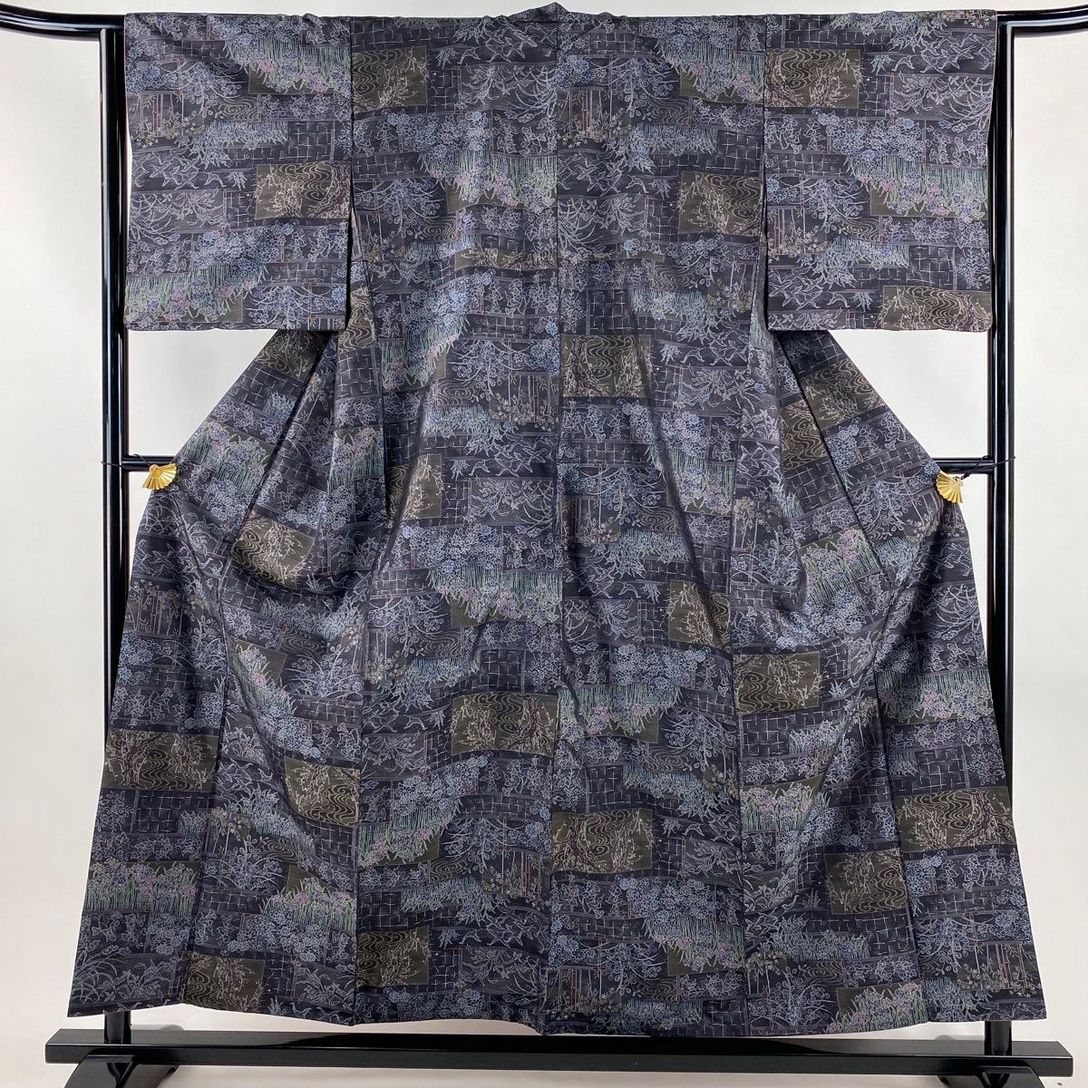 大島紬 身丈156 cm 裄丈64 M 袷 証紙 草花 鳥 濃紫 正絹