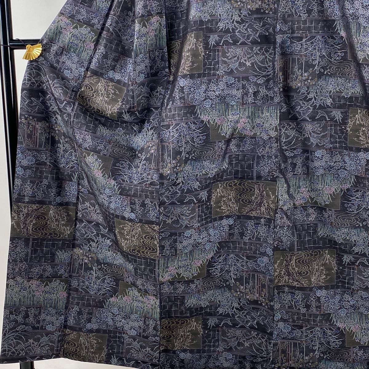 大島紬 身丈156 cm 裄丈64 M 袷 証紙 草花 鳥 濃紫 正絹