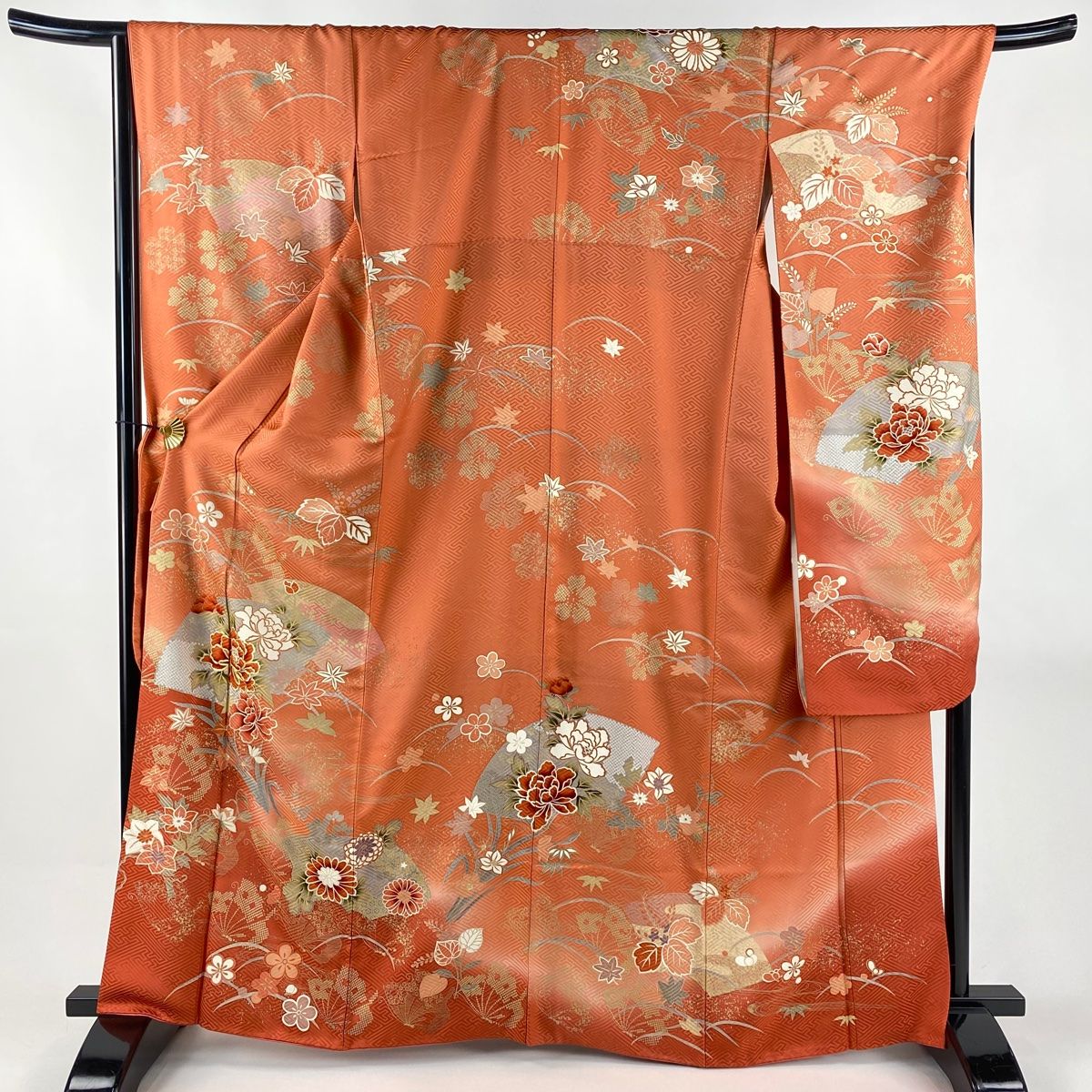 振袖 身丈164 cm 裄丈68 L 袷 扇面 牡丹 金糸 金彩 サーモンピンク 正絹 秀品