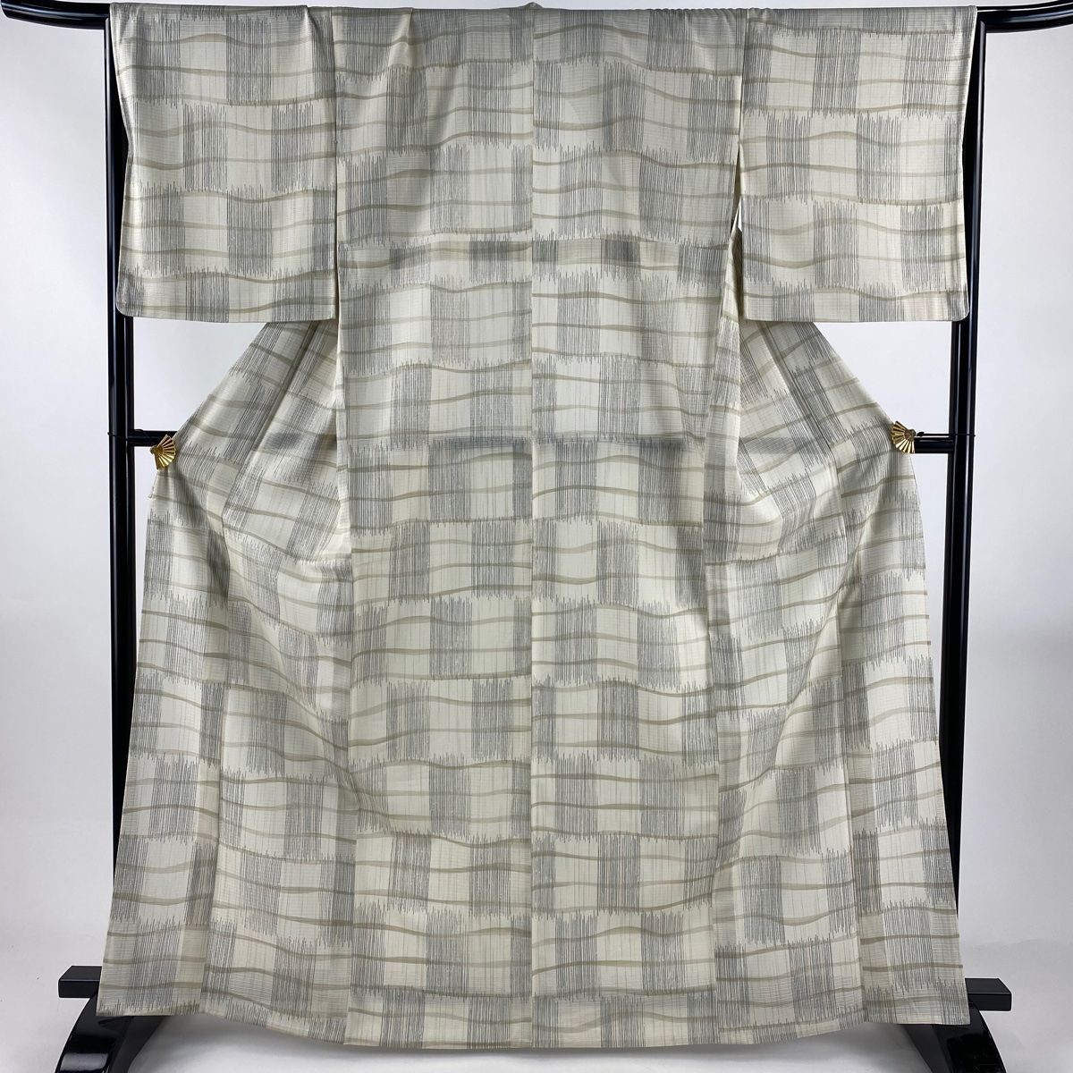 小紋 身丈165 cm 裄丈67 M 薄物 絽 縞 幾何学模様 ベージュ 正絹 秀品