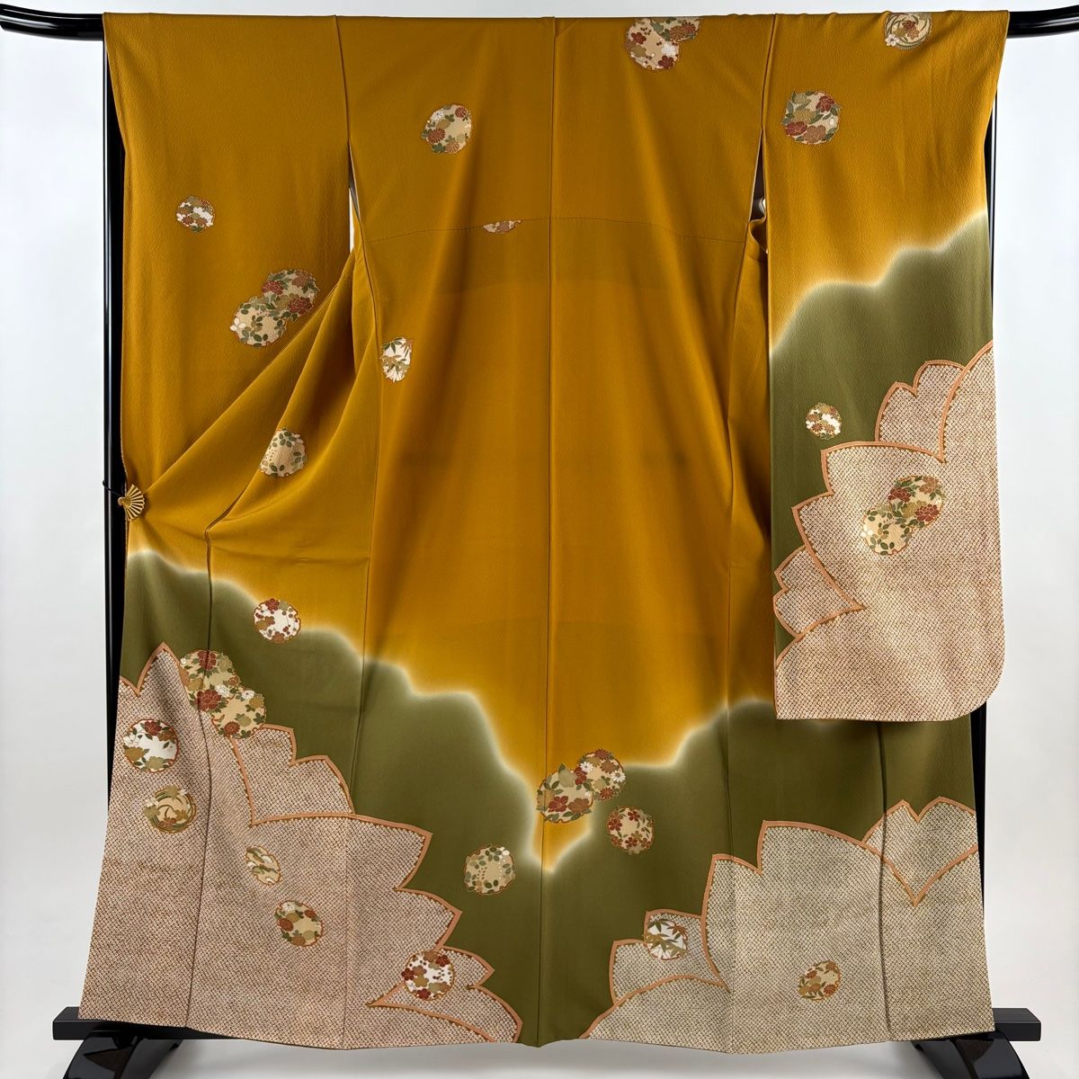 振袖 身丈162 cm 裄丈67 M 袷 花丸文 雪輪 金彩 染め分け 山吹色 正絹 秀品