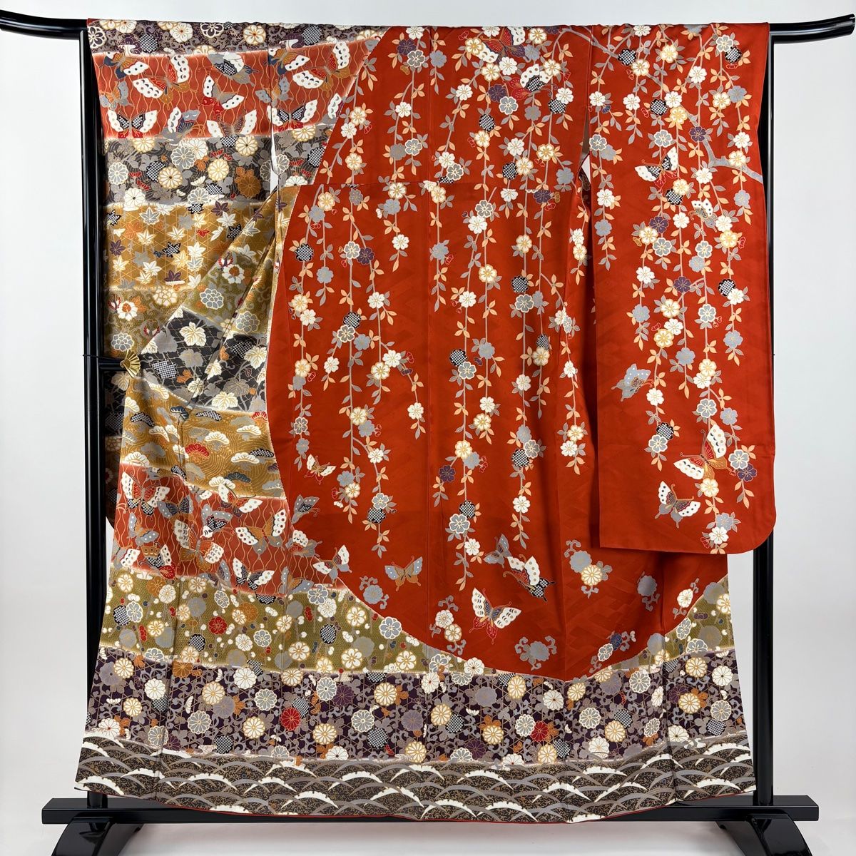 振袖 身丈158 cm 裄丈65 M 袷 蝶 松 金糸 金彩 赤茶 正絹 秀品