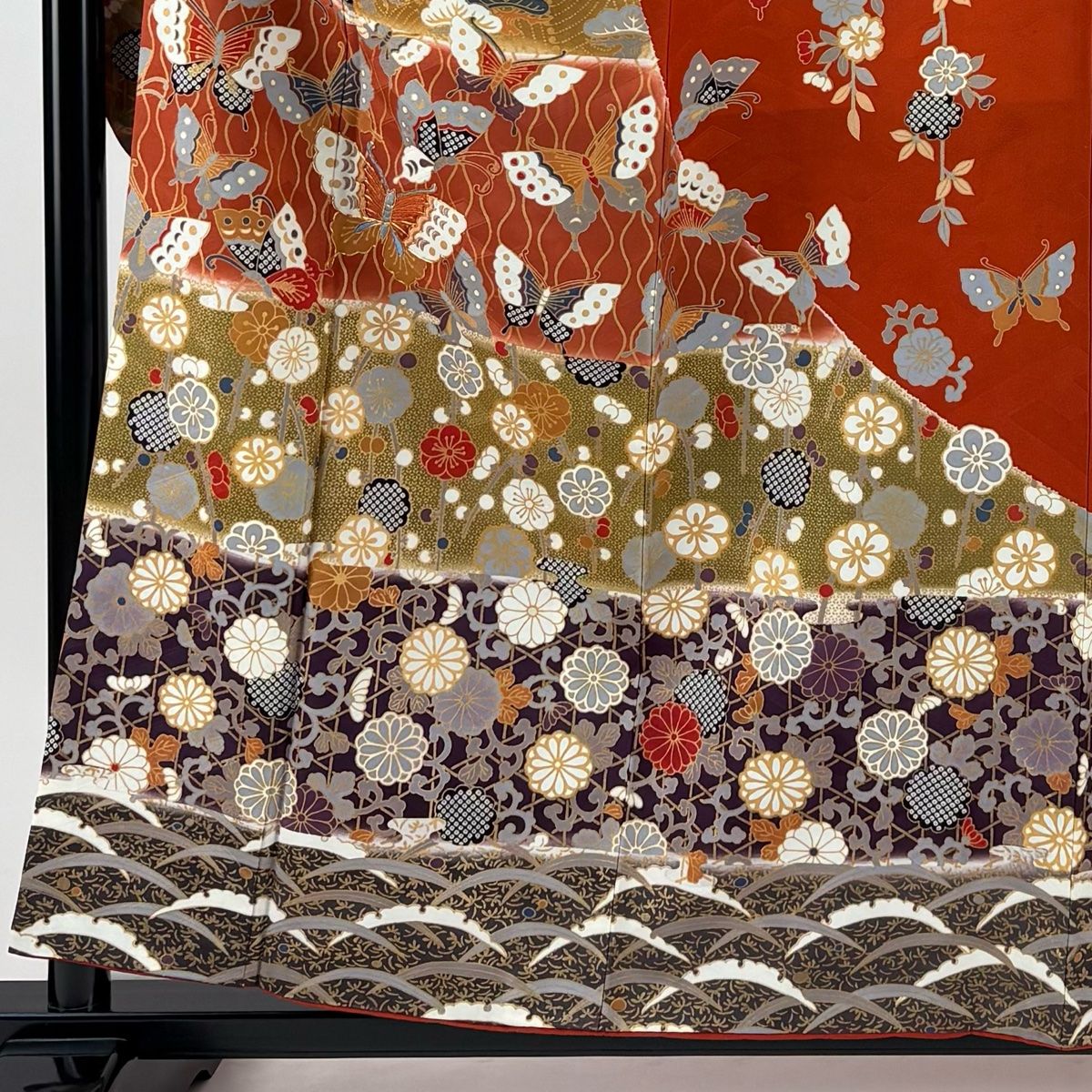 振袖 身丈158 cm 裄丈65 M 袷 蝶 松 金糸 金彩 赤茶 正絹 秀品