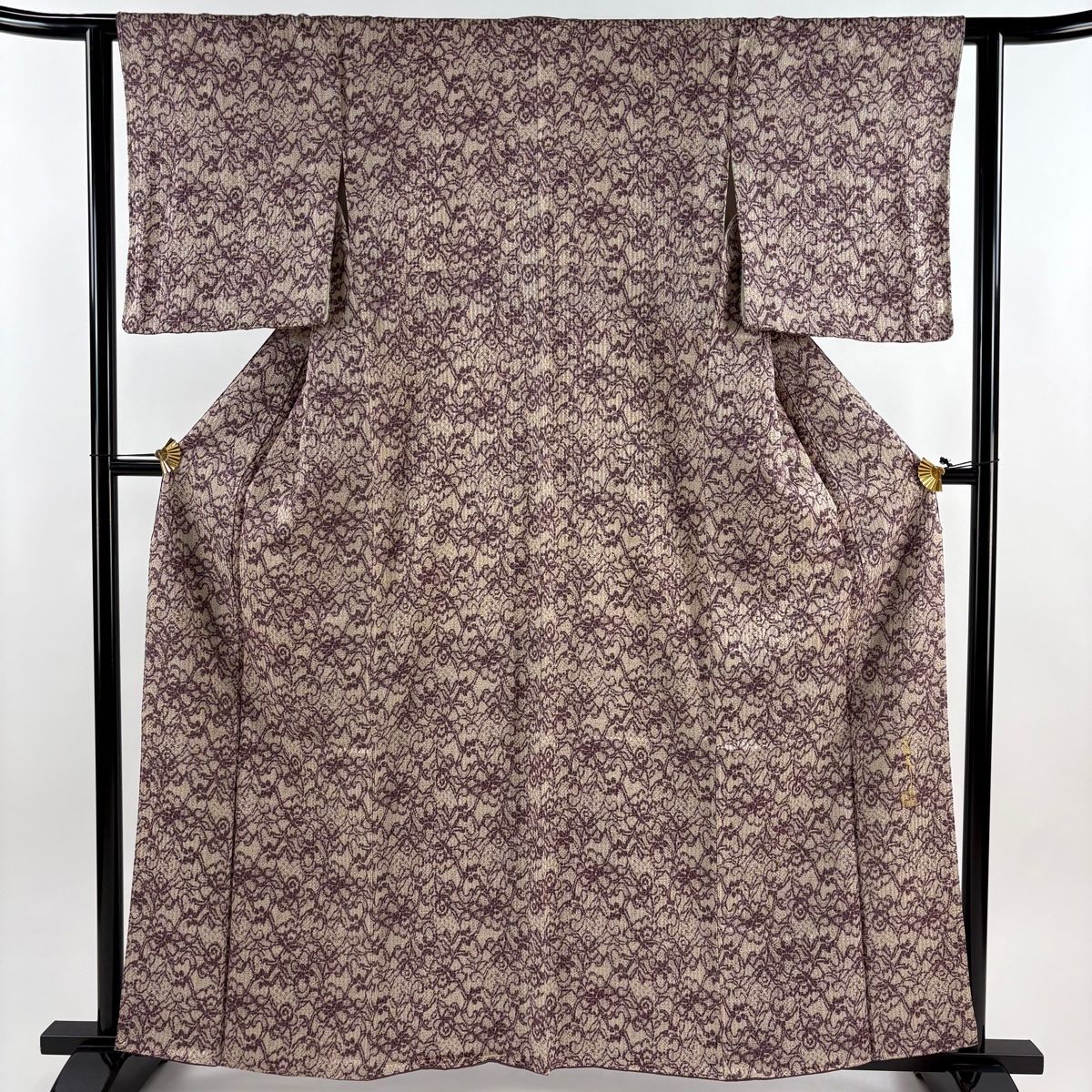 小紋 身丈160.5 cm 裄丈62 S 袷 斉藤上太郎 落款 花 地紋 紫 正絹 秀品