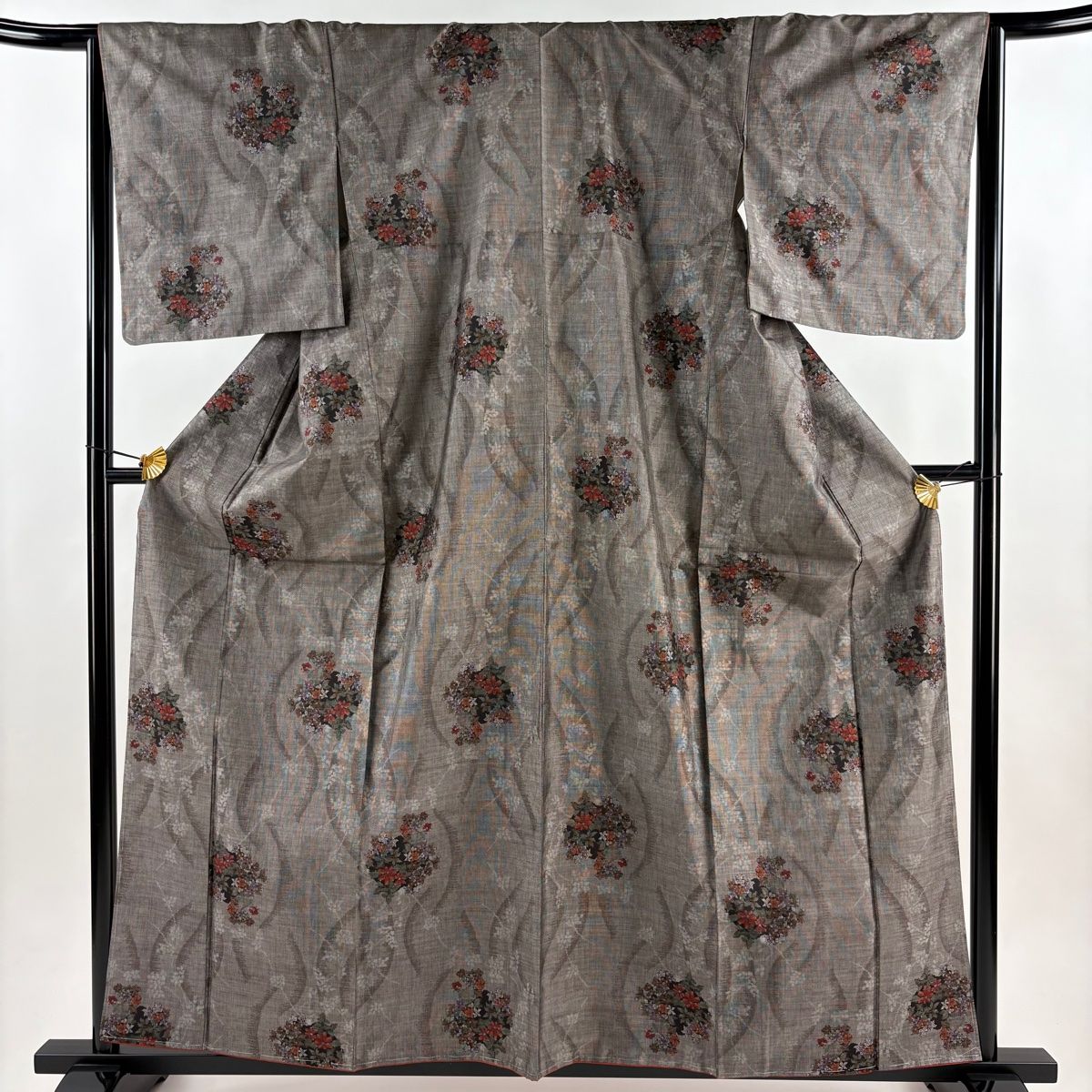 紬 身丈160 cm 裄丈66 M 袷 草花 幾何学模様 焦茶色 正絹 秀品