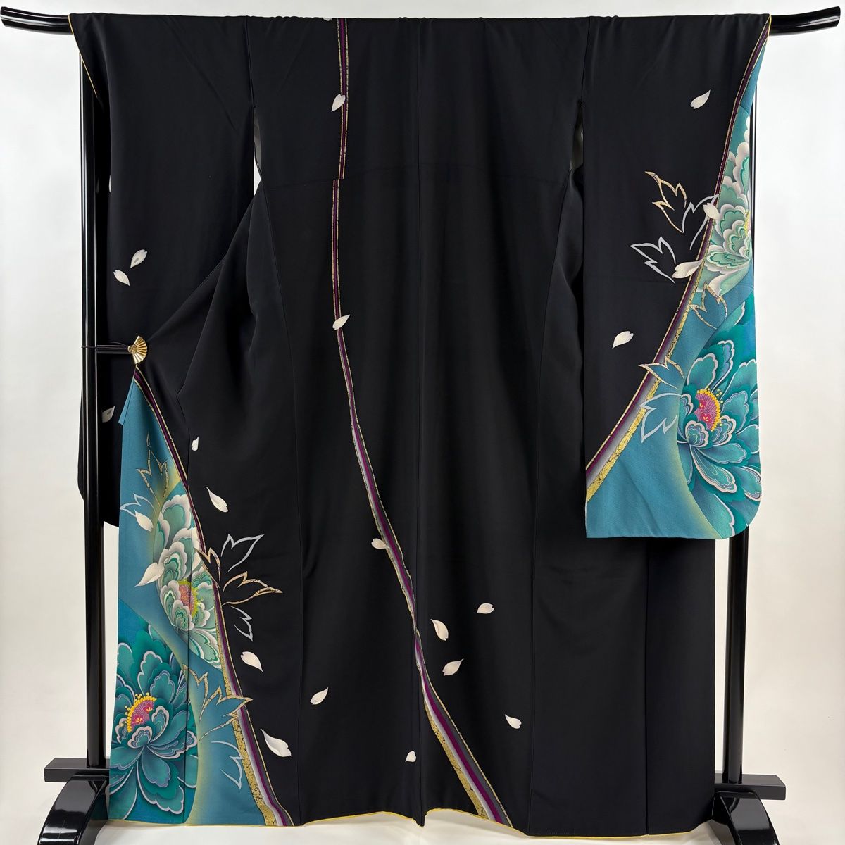 振袖 身丈167 cm 裄丈70 L 袷 草花 花びら 箔 金彩 黒 正絹 秀品