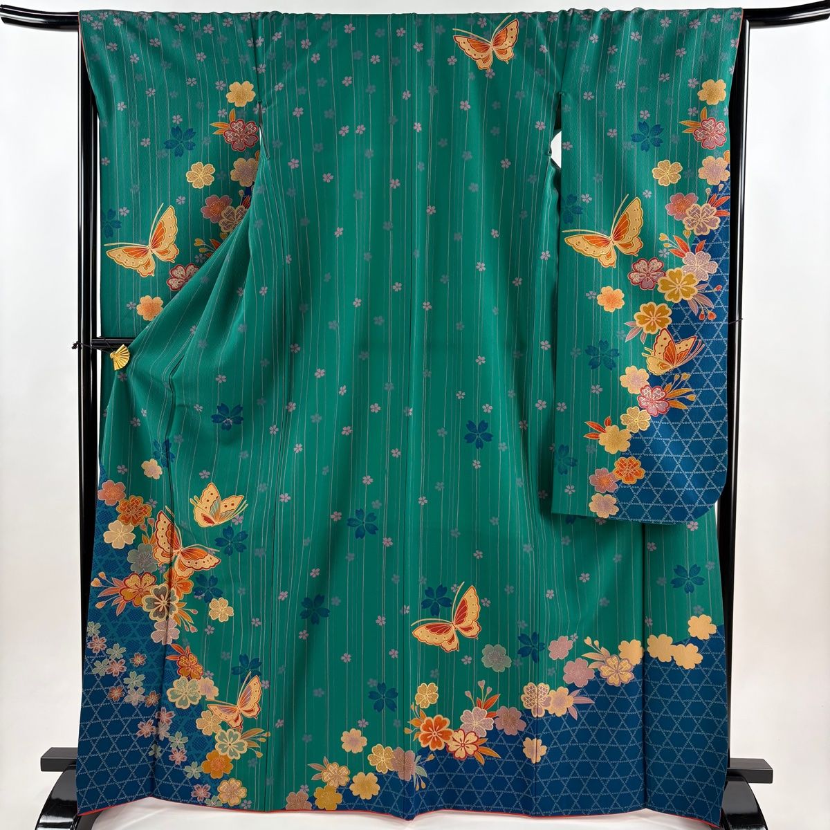 振袖 身丈167 5 cm 裄丈67 M 袷 蝶 桜 金彩 緑 正絹 秀品