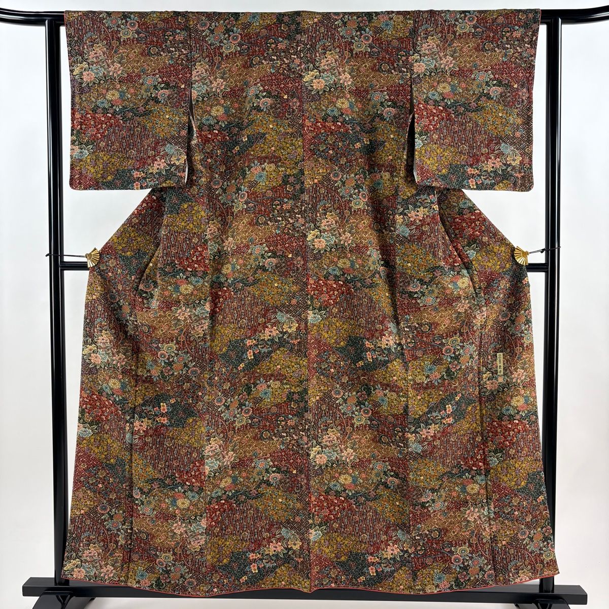 美品】 小紋 身丈157cm 裄丈61.5cm S 袷 落款 草花 有職文様 縮緬 山吹