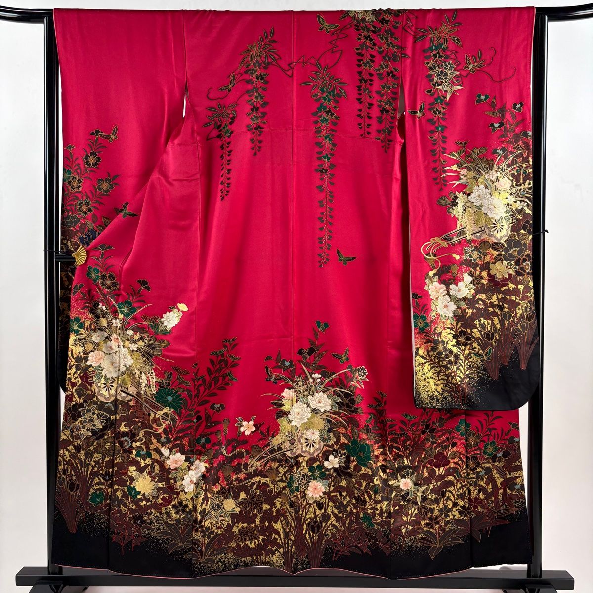 振袖 身丈156 5 cm 裄丈64 M 袷 花車 蝶 金彩 濃ピンク 正絹 秀品