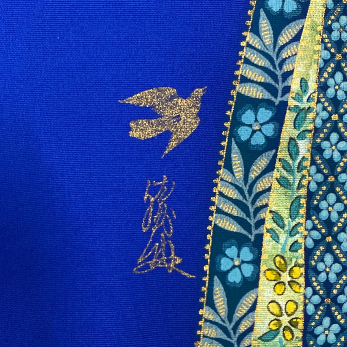 振袖 身丈163cm 裄丈66cm M 袷 落款 草花 金銀彩 染め分け 青 正絹 秀