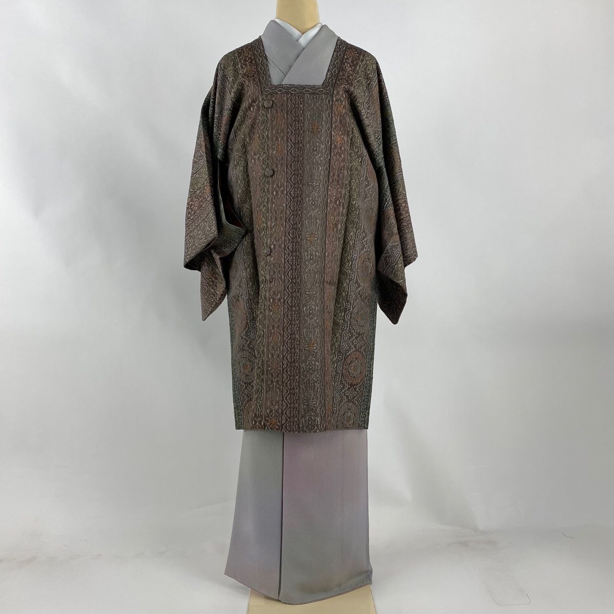 道行 身丈98 cm 裄丈63 S 和装コート 角衿 草花 縞 薄小豆 正絹 秀品