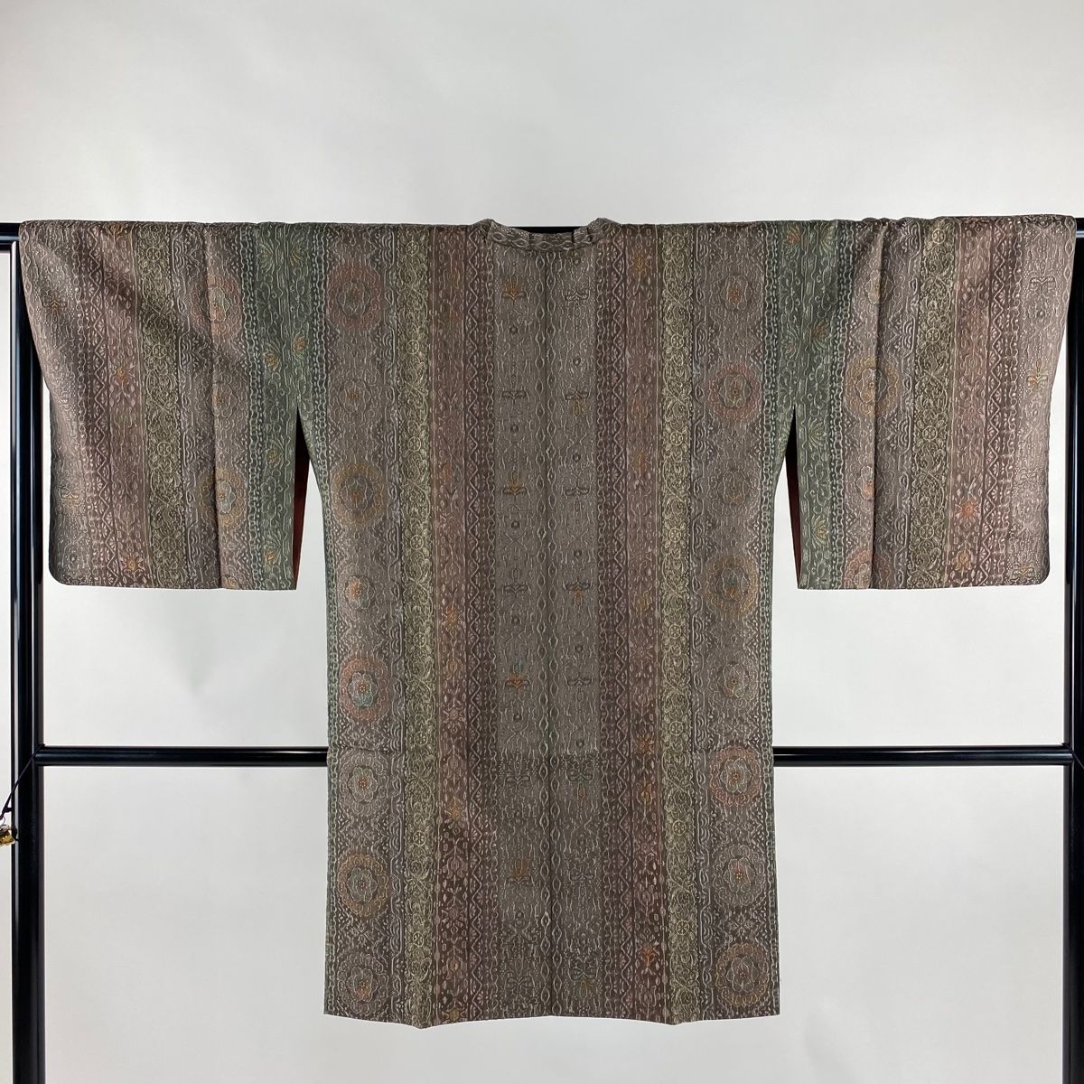 道行 身丈98 cm 裄丈63 S 和装コート 角衿 草花 縞 薄小豆 正絹 秀品