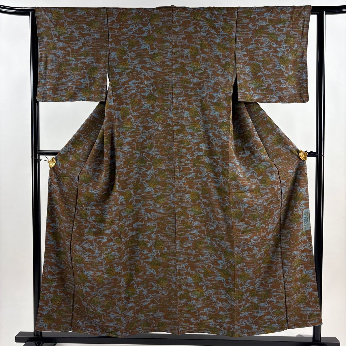 小紋 身丈155 cm 裄丈63 S 袷 泥藍染 落款 花唐草 霞 茶色 正絹 秀品
